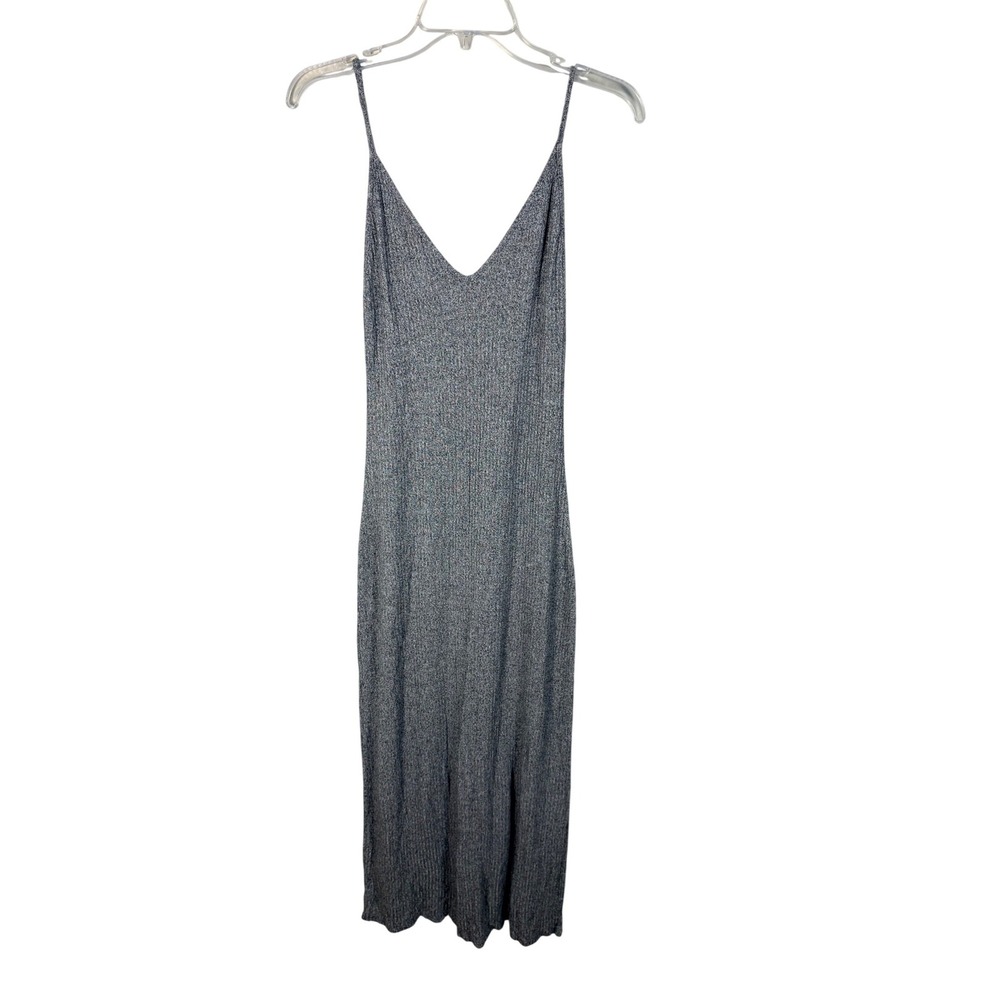 Brandy Melville Midi Dress Womens One Size Grey Excellent Ribbed Knit V-Neck‎